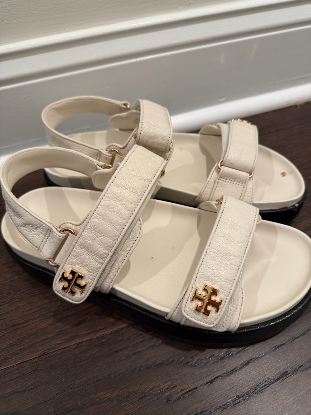 Tory Burch Cream Leather Velcro Logo Sandals with Gold Hardware
